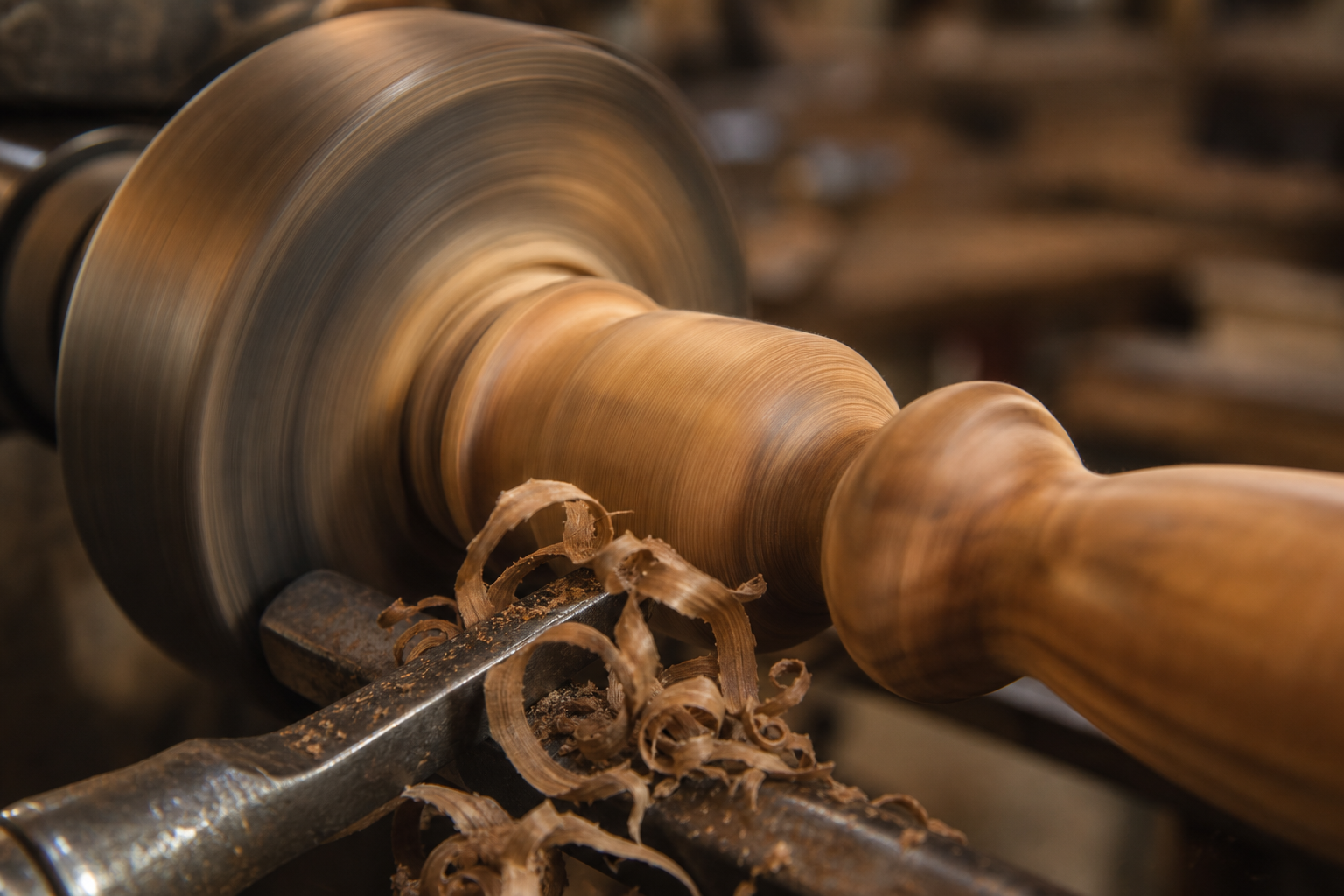 Tornio da falegname che rifinisce un balaustro in legno, trucioli in primo piano