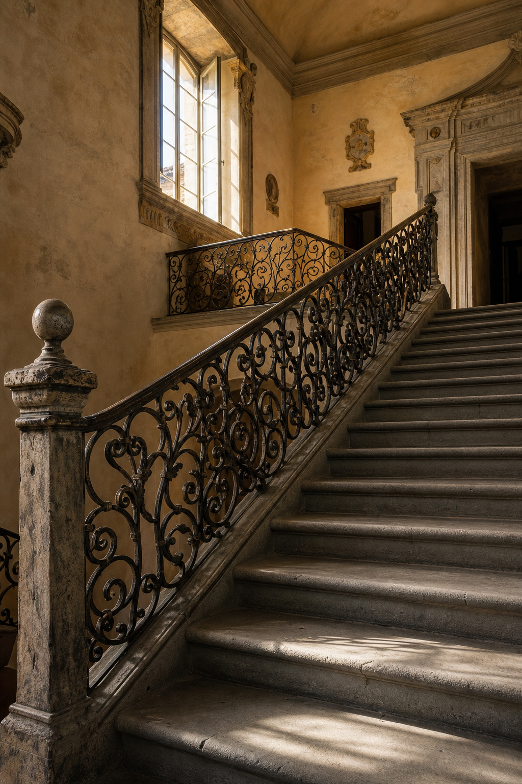 Scala in ferro battuto e pietra serena in una villa storica di Lucca, illuminata da luce calda pomeridiana