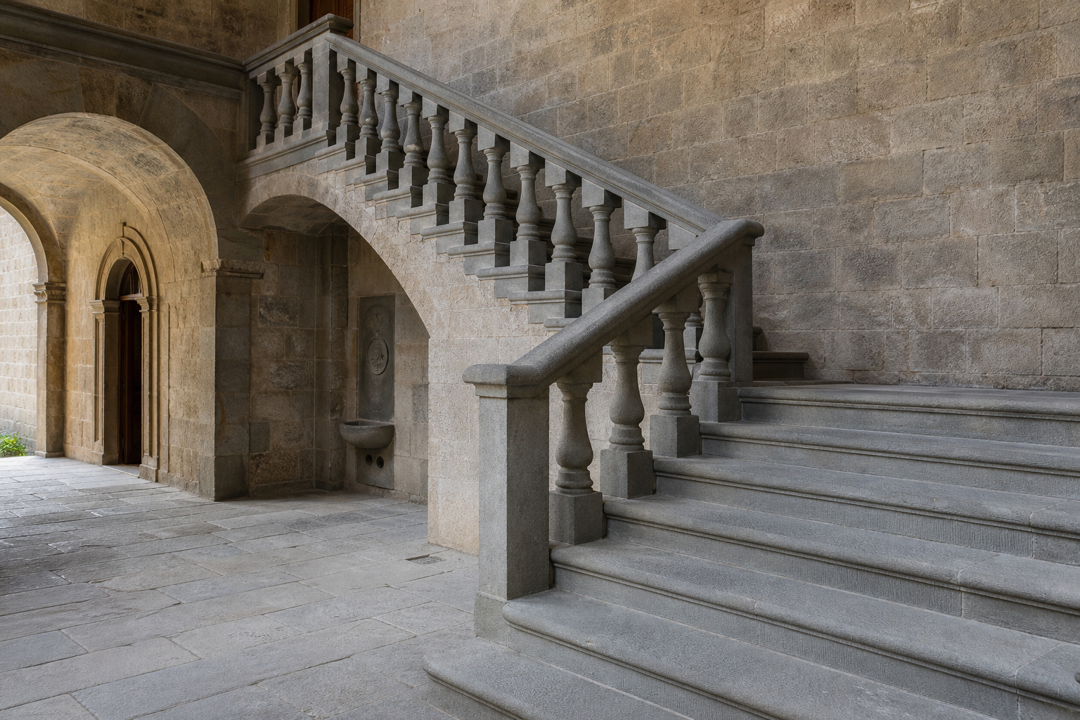 Scala scolpita in pietra serena con balaustre in stile toscano tradizionale